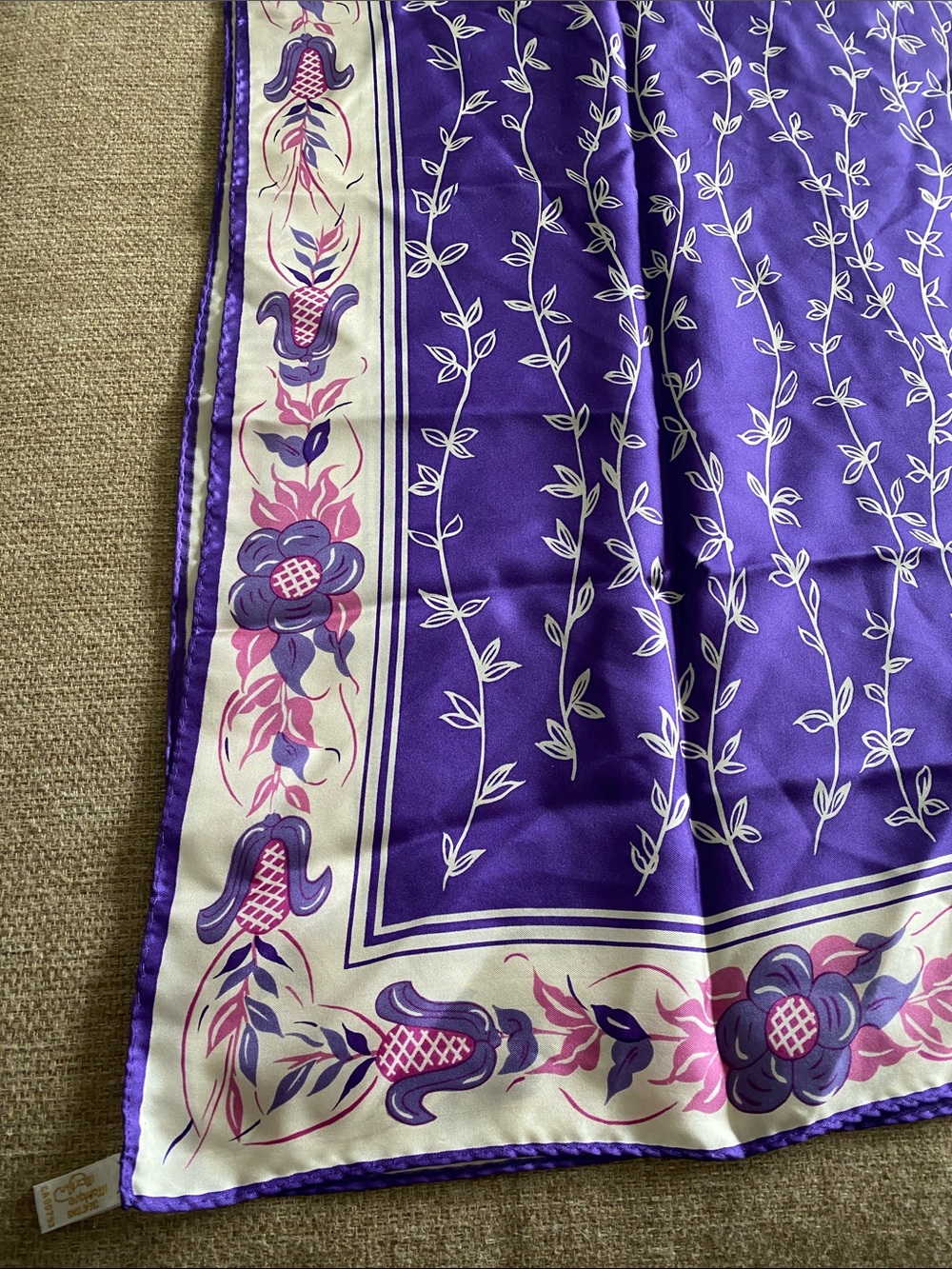 Monique Martin Purple and Cream Floral Silk Scarf rolled hem